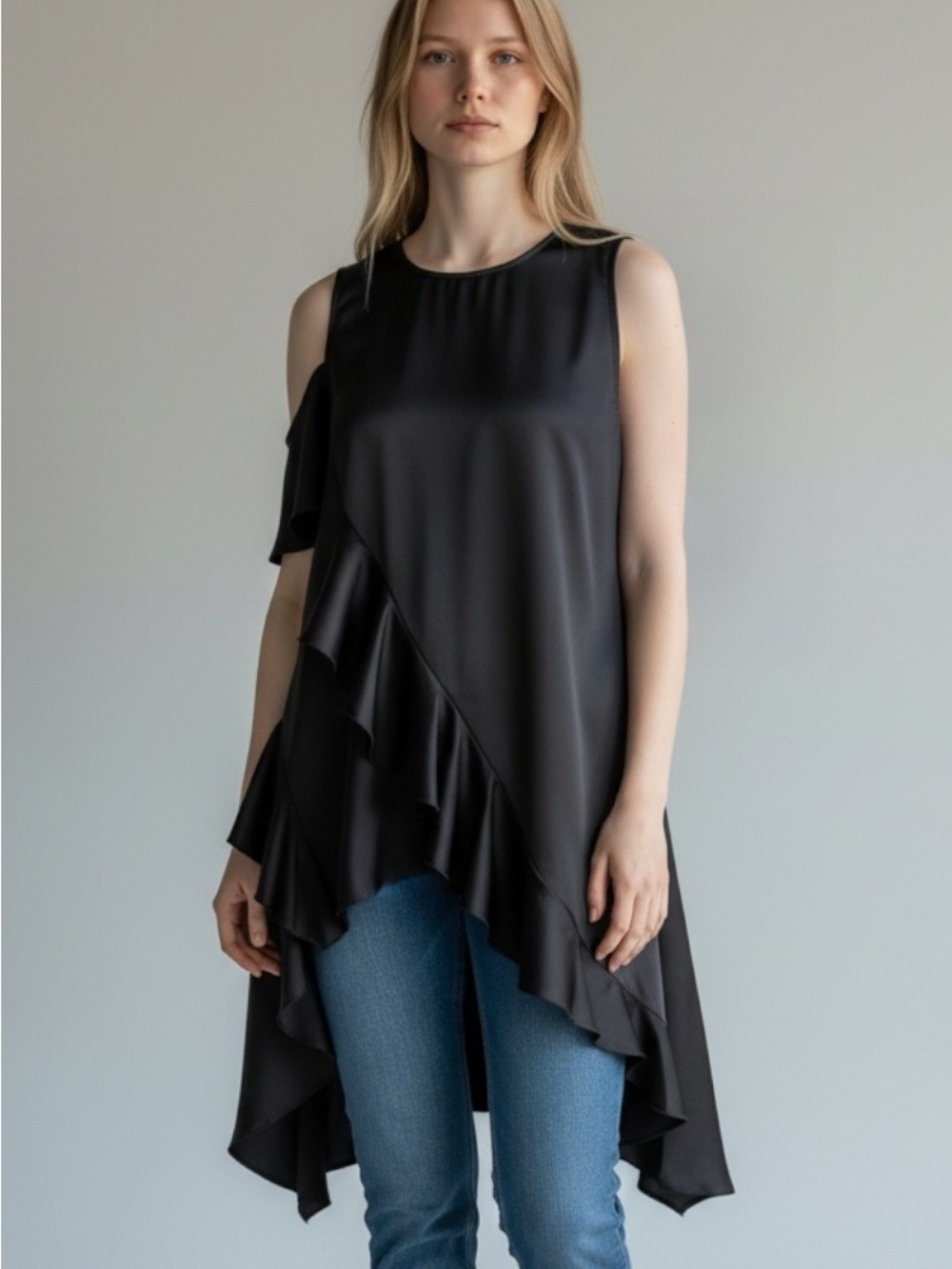 Aria A. Sleeveless Black Ruffle-Trim Satin Blouse